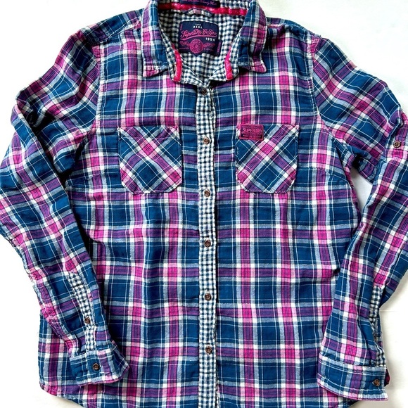 SUPERDRY Cotton Madras Button Front Long Sleeve Shirt - Picture 1 of 14